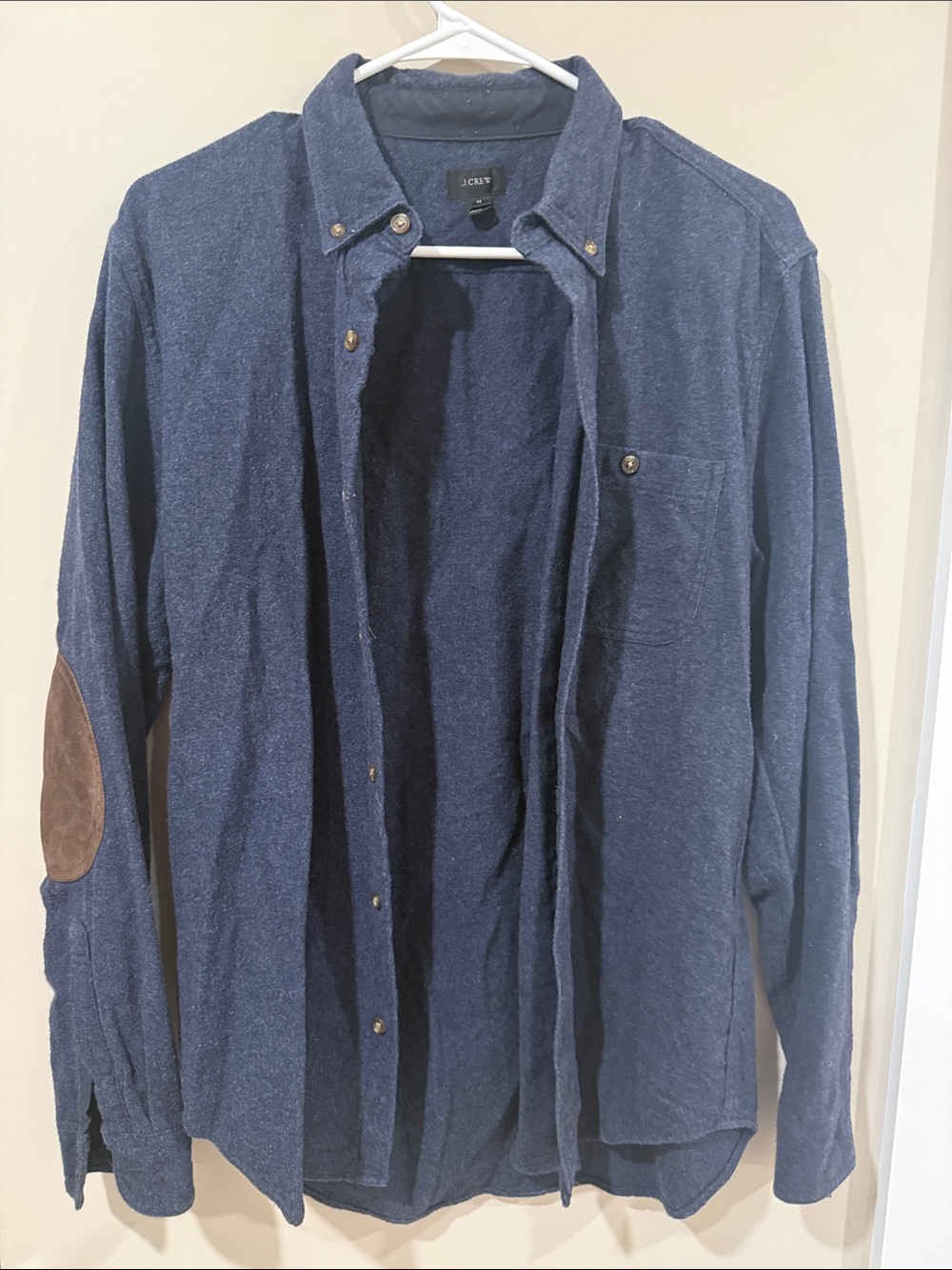 J. Crew Navy Button-Down Shirt with Brown Elbow Patches